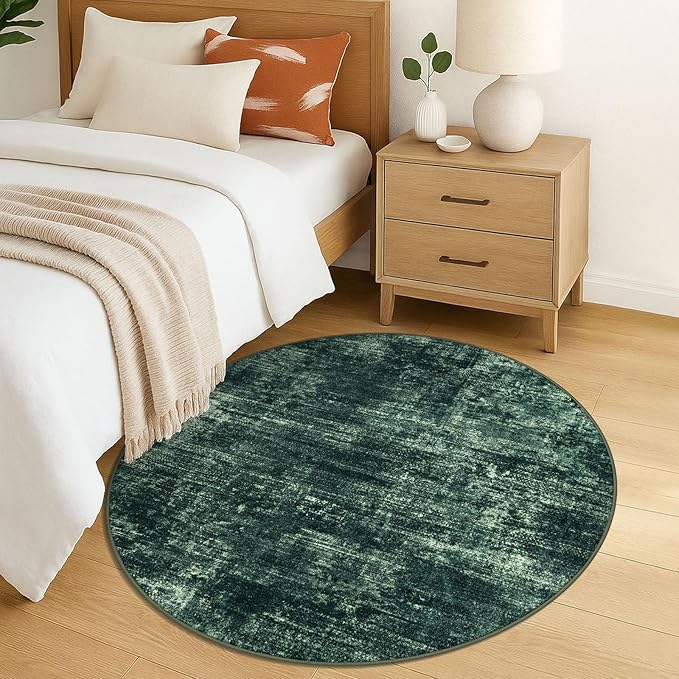 IOHOUZE Round Area Rug 5 Ft Circle Entryway Rugs Round Washable Door Mat Indoor Entrance, Non Slip Circle Front Door Rug, Printed Abstract Faux Wool Floor Carpet for Foyer Porch Sink, Dark Green