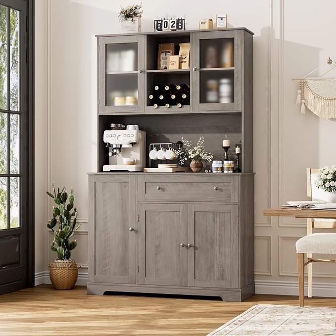 HOSTACK Kitchen Pantry Storage Cabinet with Hutch, Tall Kitchen Hutch with Microwave Stand, Food Pantry Cabinet with Doors and Shelves | Wine Rack for Dining Room, Ash Grey