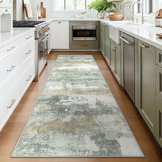 Runner Rug for Hallway Kitchen, 2'6"x12' Machine Washable Runners Rug for Entryway, Soft Modern Abstract Throw Rugs, Low Pile Floor Cover with Non Slip Backing, Light Green