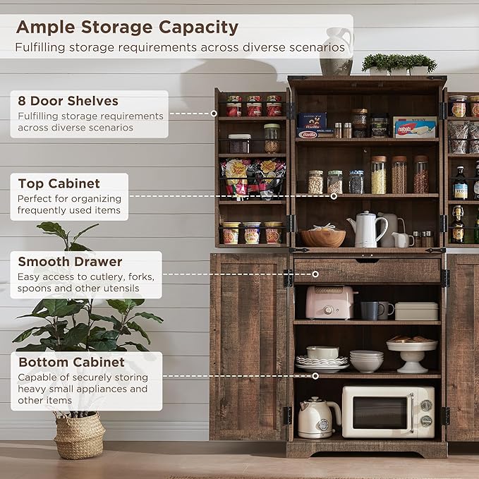 72" Tall Kitchen Pantry, Farmhouse Storage Cabinet with Barn Doors, Organizer, Drawer and Adjustable Shelves, Rustic Wood Cupboard for Kitchen, Dining Room, Bathroom, Rustic Brown