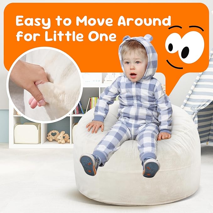 Hobestluk Bean Bag Chairs 2.5FT Bean Bag Chair with Memory Foam Filled & Plush Faux Fur Cover Small Bean Bag Chairs for Playroom, Living Room, Bedroom (White)