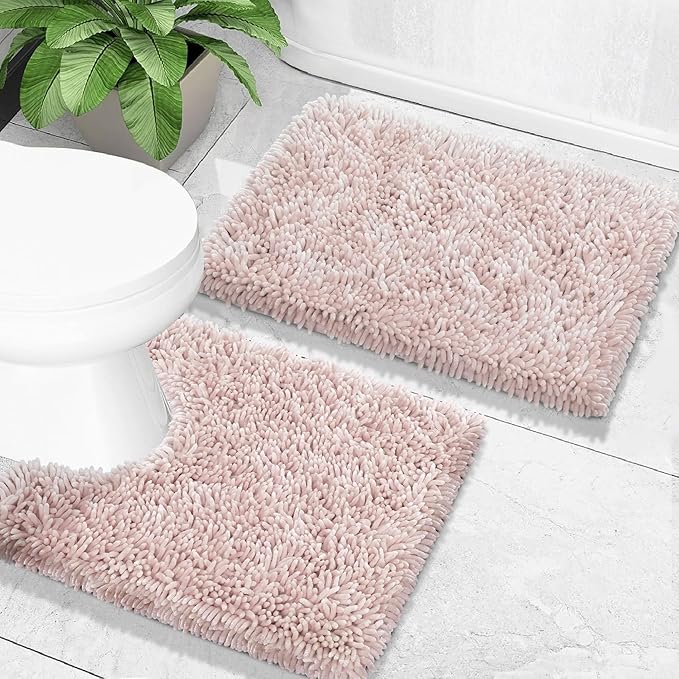 Yimobra Toilet Rugs U Shaped Washable, Extra Thick Soft Absorbent Chenille Contour Bathroom Rugs for Toilet 24x20 Inch, Quick Dry Non Slip Toilet Mat for Bath Floor, Pink