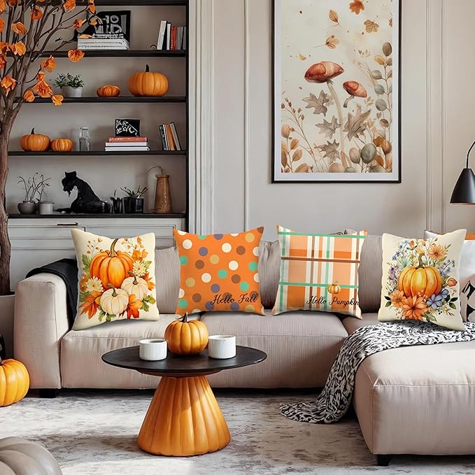 JioJio Chan Fall Pillow Covers 18x18 - Autumn Thanksgiving Pumpkin Throw Pillow Covers for Sofa Couch Set of 4, Hello Pumpkin Hello Fall Decoration for Home Bedroom Living Room Decor Outdoor Indoor