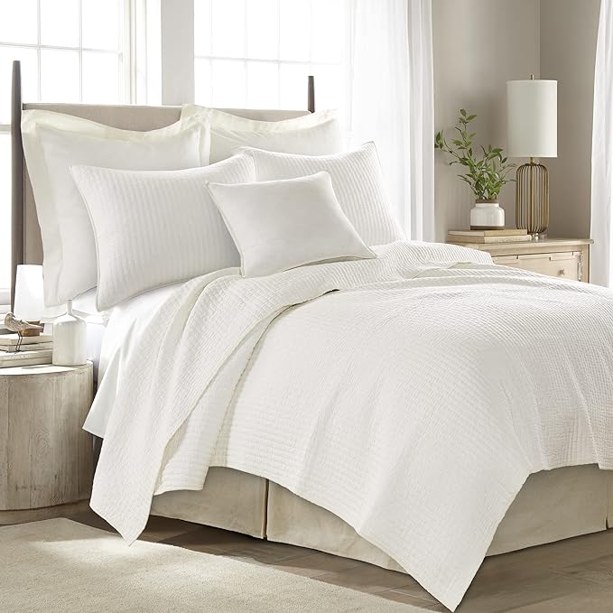 Levtex Home Cross Stitch Reversible Twin XL/Twin Quilt Set (68x86in) with 1 Pillow Sham (26x20in) - Stitch Texture - Cream - 100% Cotton Twin Size Quilt Bedding Set - Lightweight, Soft, Pre-Washed