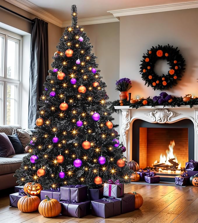 DWVO 7.5ft Pre-lit Black Christmas Tree with Lights, Prelit Halloween ChristmasTtrees with 1600 Tips & 550 UL Listed Lights, Automatic Branches & Easy Assembly with Remote Control for Home Party