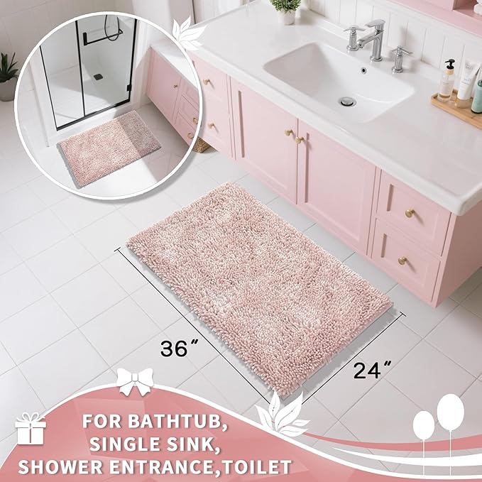 Yimobra Large Bathroom Rug Non Slip 36x24 Inch, Extra Thick Soft Absorbent Chenille Bath Mat, Machine Washable Quick Dry Bath Rugs for Bathroom Floor, Tub and Shower, Home Decor Accessories, Pink
