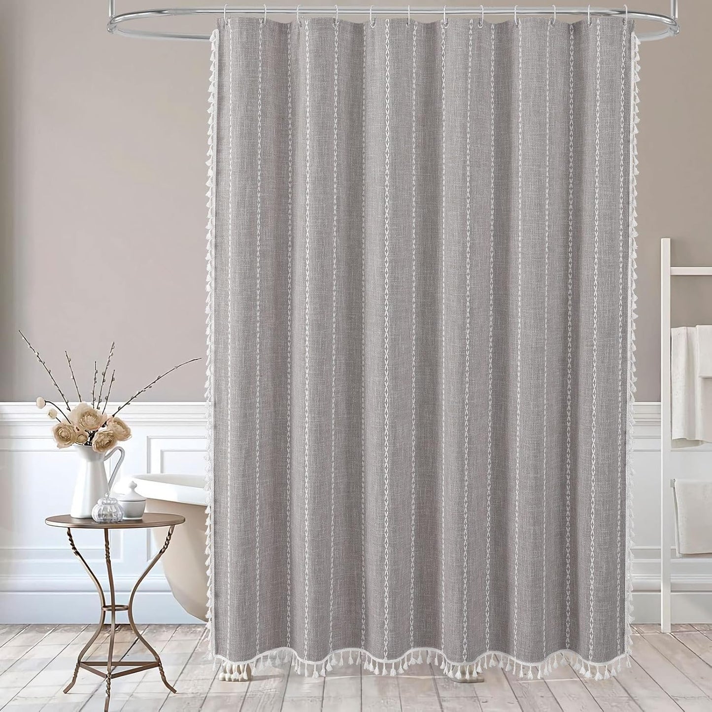 MitoVilla Boho Long Shower Curtain 72 x 78, Farmhouse 78 inch Long Polyester Linen Fabric Shower Curtains with Tassel for Chic Cottagecore French Rustic Bathroom Decor