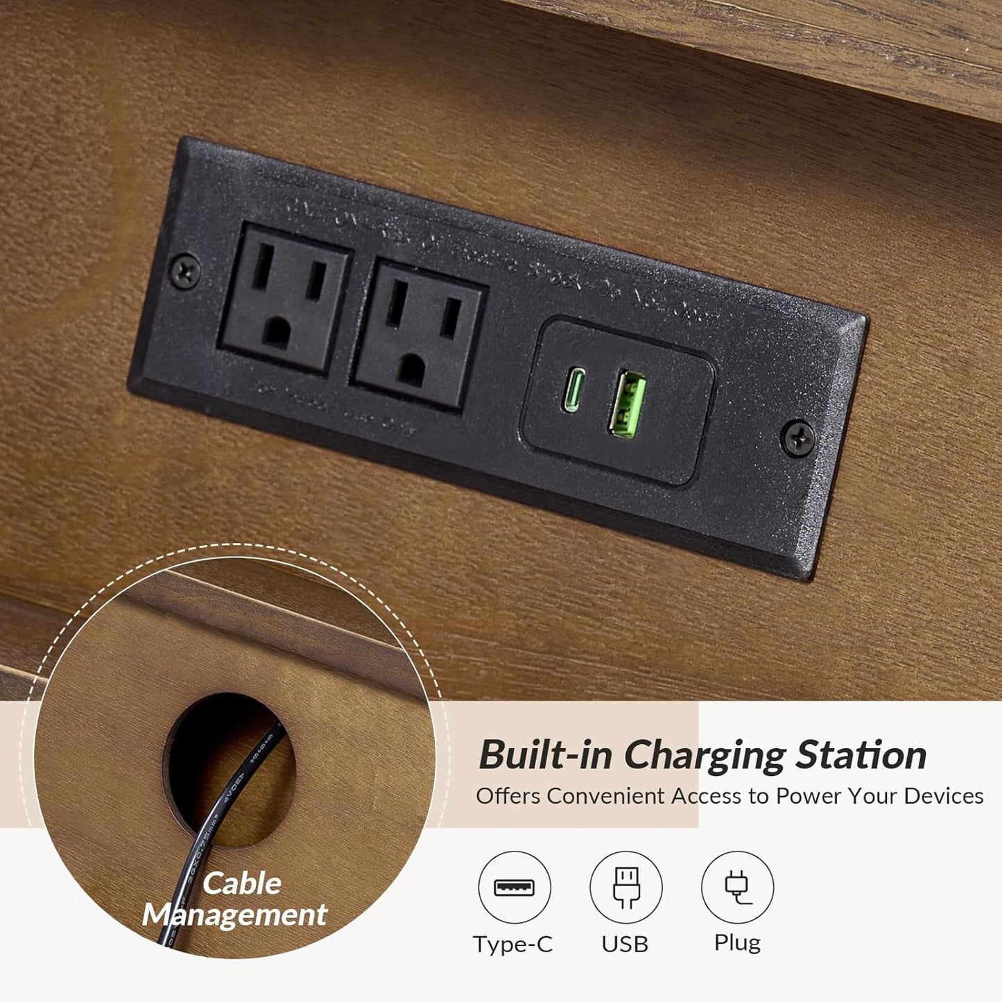 HULALA HOME 3-Drawer Nightstand with Charge Station, Farmhouse Nightstand with Solid Wood Legs(Walnut)