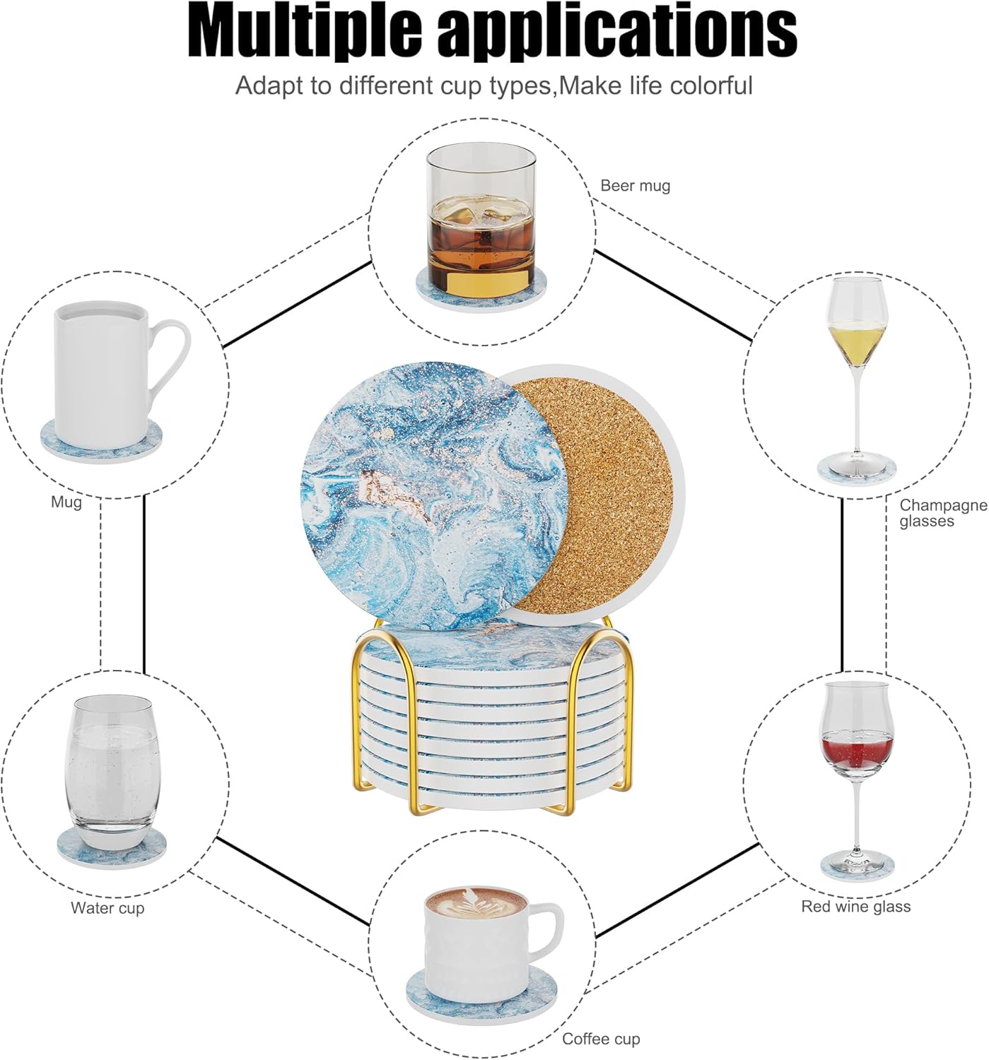 Coasters for Drinks Set of 8, Absorbent Starry Sky Marble with Metal Golden Holder, Ceramic Coaster Set Cup Mat for Home Decor, Bar, Kitchen, Party