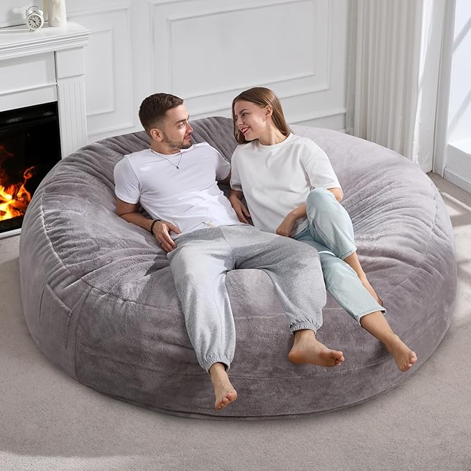 Hobestluk 6ft Bean Bag Chairs for Adults Large Beanbag Chair with Plush Faux Fur Cover Big Bean Bag Chair for Living Room Bedroom Dorm Office - Grey (70" x 70" x 15")