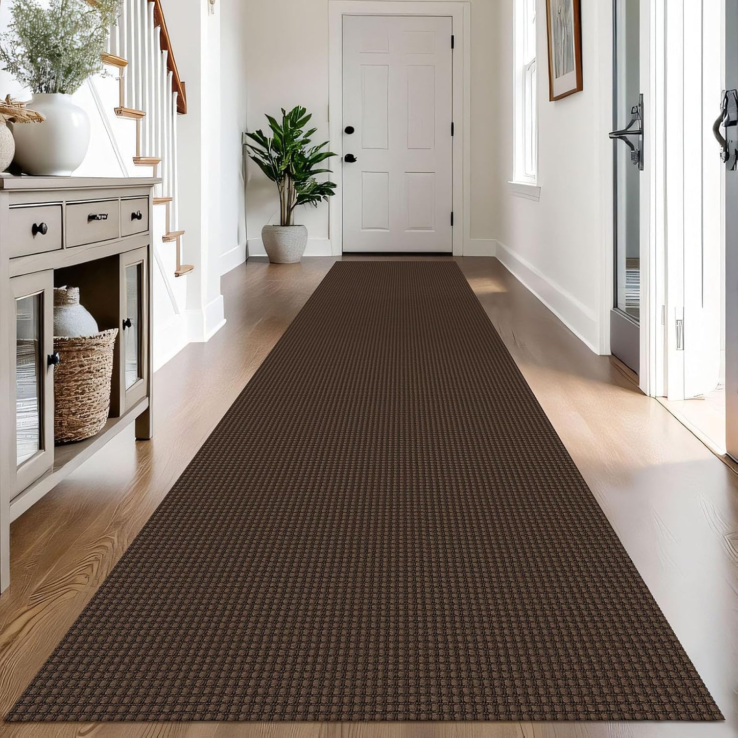 IOHOUZE Washable Exrea Long Hallway Runner Rug 3x14 Non Slip Rubber Backed Kitchen Runner Entryway Runner Indoor, Woven Rugs Floor Carpet for Kitchen Hall Entryway Stair,Brown