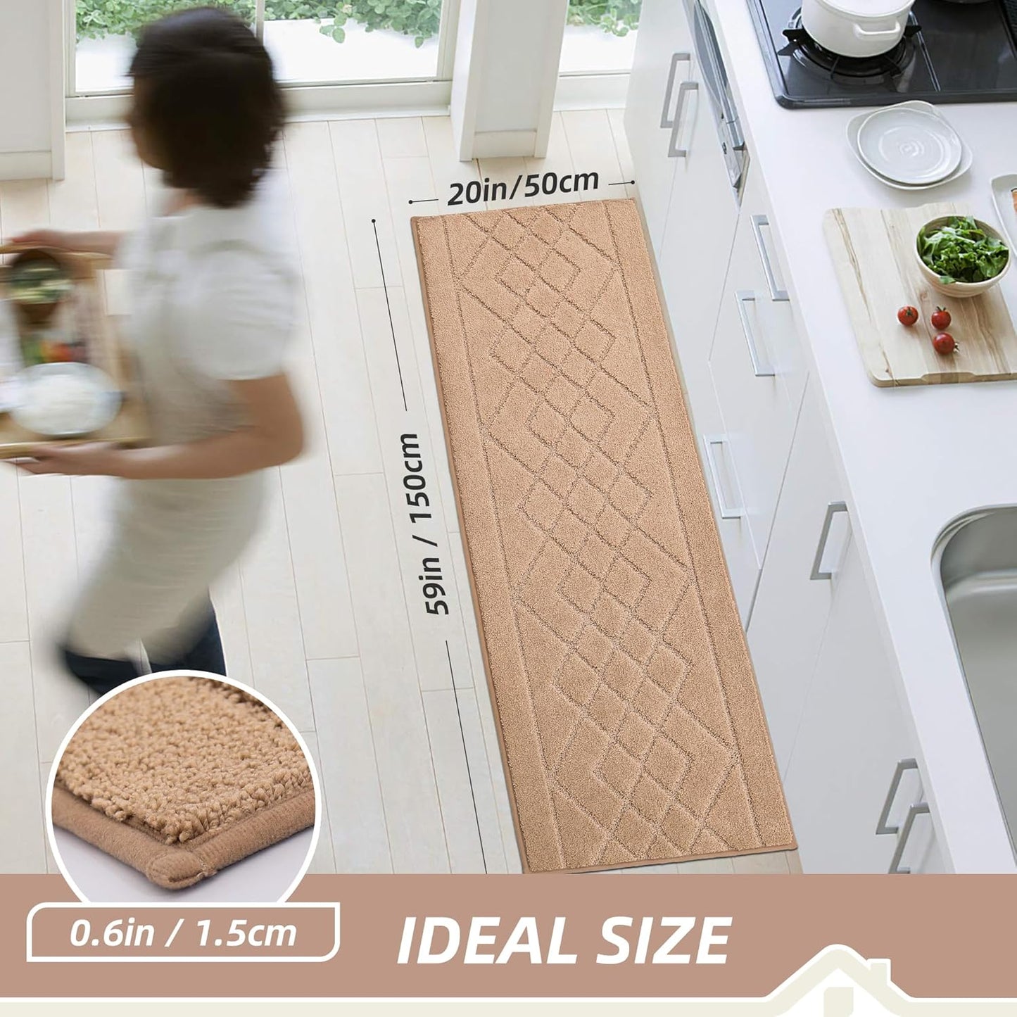BEQHAUSE Kitchen Runner Rug 20”x59” Washable Non Slip Kitchen Mats for Floor Absorbent Soft Kitchen Rugs for Floor,Sink,Hallway,Laundry,Beige/Camel