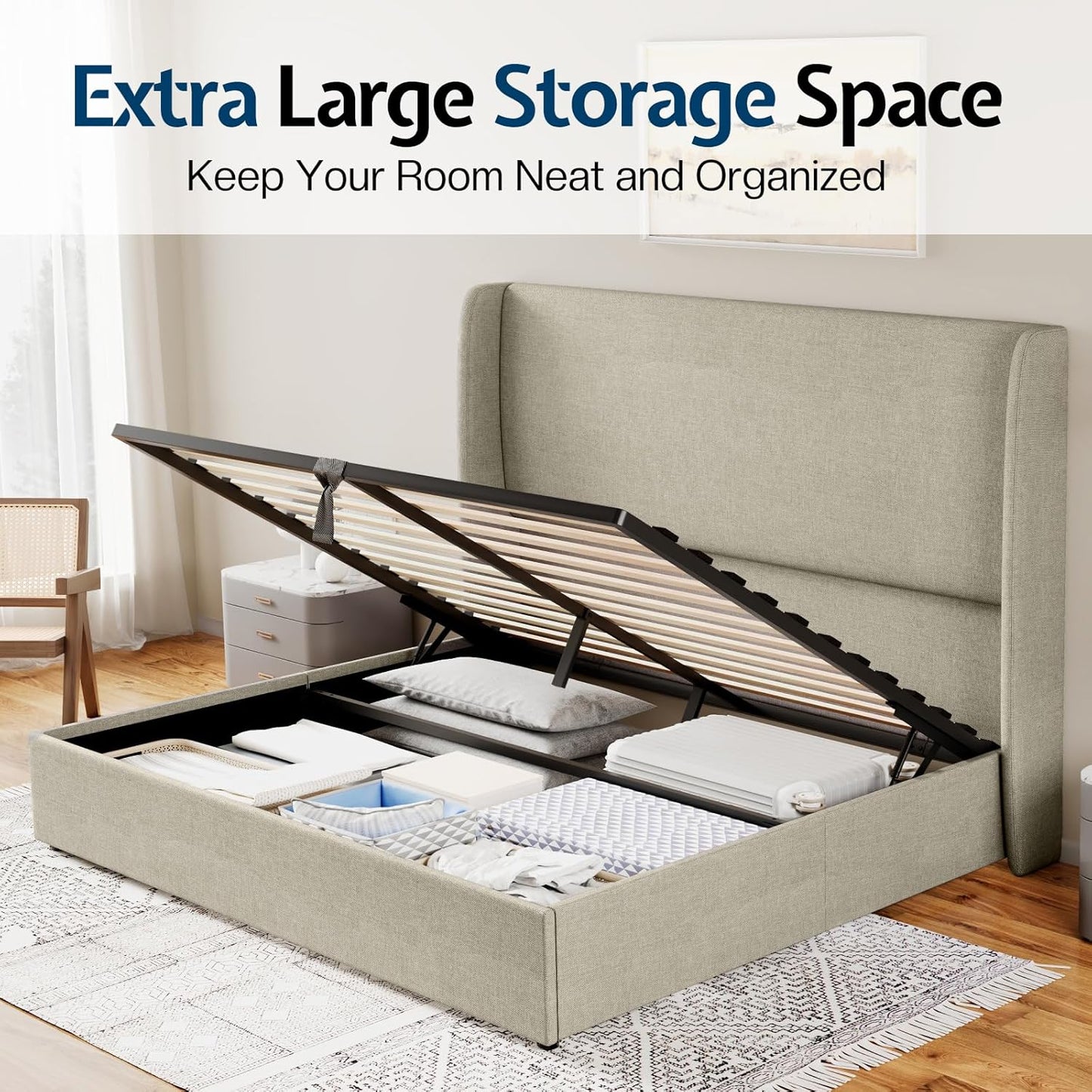 Jocisland Queen Size Bed Frame Lift Up Storage Bed Linen Upholstered Bed Frame with Hydraulic Storage/Wingback Headboard/No Box Spring Needed/Khaki