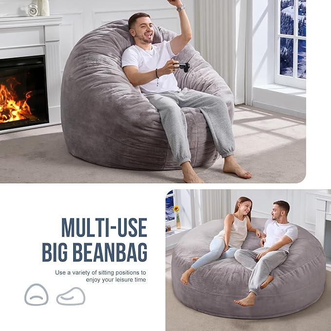 Hobestluk 6ft Bean Bag Chairs for Adults Large Beanbag Chair with Plush Faux Fur Cover Big Bean Bag Chair for Living Room Bedroom Dorm Office - Grey (70" x 70" x 15")