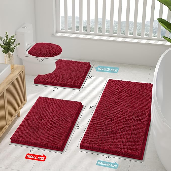 Smiry Luxury Chenille Bathroom Rugs 47x24, Extra Soft and Absorbent Shaggy Bath Mat, Machine Washable, Non-Slip Plush Carpet Runner for Tub, Shower, and Floor, Home Decor Accessories, Red