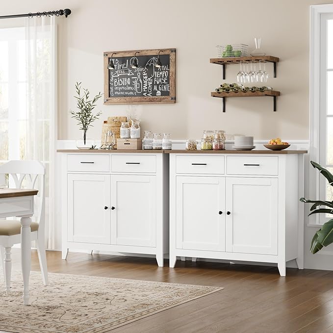 HORSTORS Kitchen Storage Cabinet, Modern Farmhouse Buffet Cabinet with Storage, Coffee Bar with 2 Drawers and 2 Doors, Floor Sideboard Buffet for Living Room, Dining Room, Bathroom, Ivory White