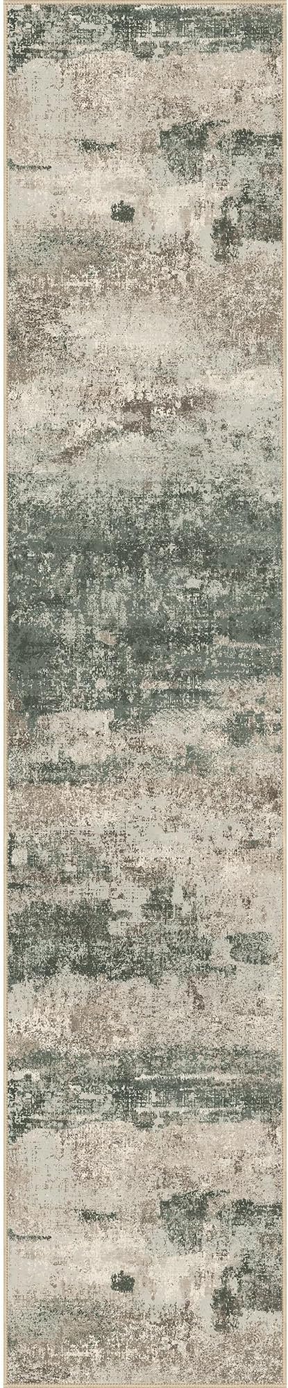 Runner Rug for Hallway Kitchen, 2x10 Machine Washable Runners Rug for Entryway, Soft Modern Abstract Throw Rugs, Low Pile Floor Cover with Non Slip Backing, Muted Green/Beige