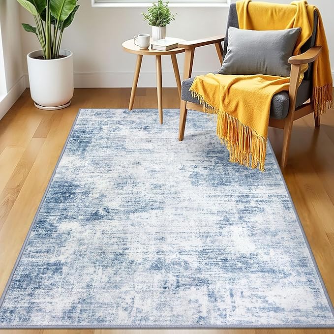 IOHOUZE Abstract Area Rug 3x5 Ft Washable Rugs for Entryway Indoor, Non Slip Kitchen Rug Printed Faux Wool Throw Rugs, Indoor Door Mat for Door Entrance Foyer Living Room, Light Blue White
