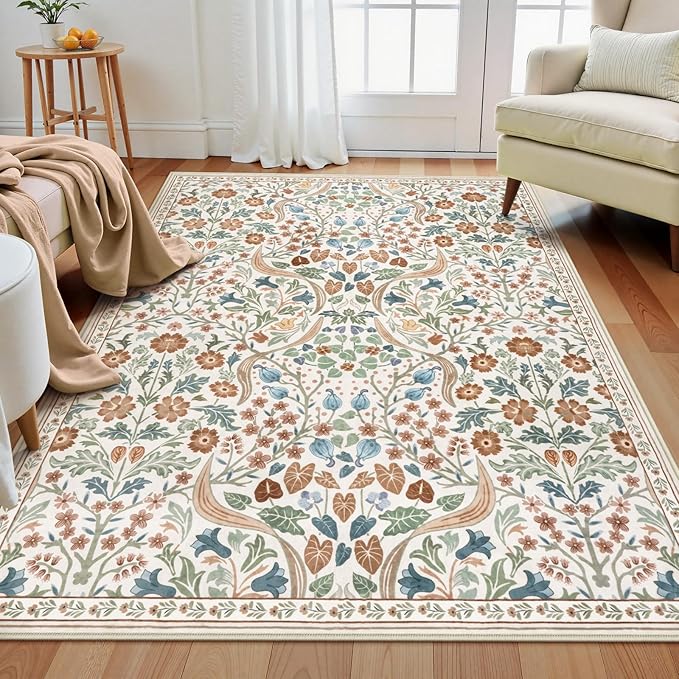Lahome Floral 3x5 Beige Nursery Rug, Non-Slip Washable Area Rugs for Dorm Bedside Entryway, Botanical Soft Boho Carpet for Kids Room, Entrance Indoor