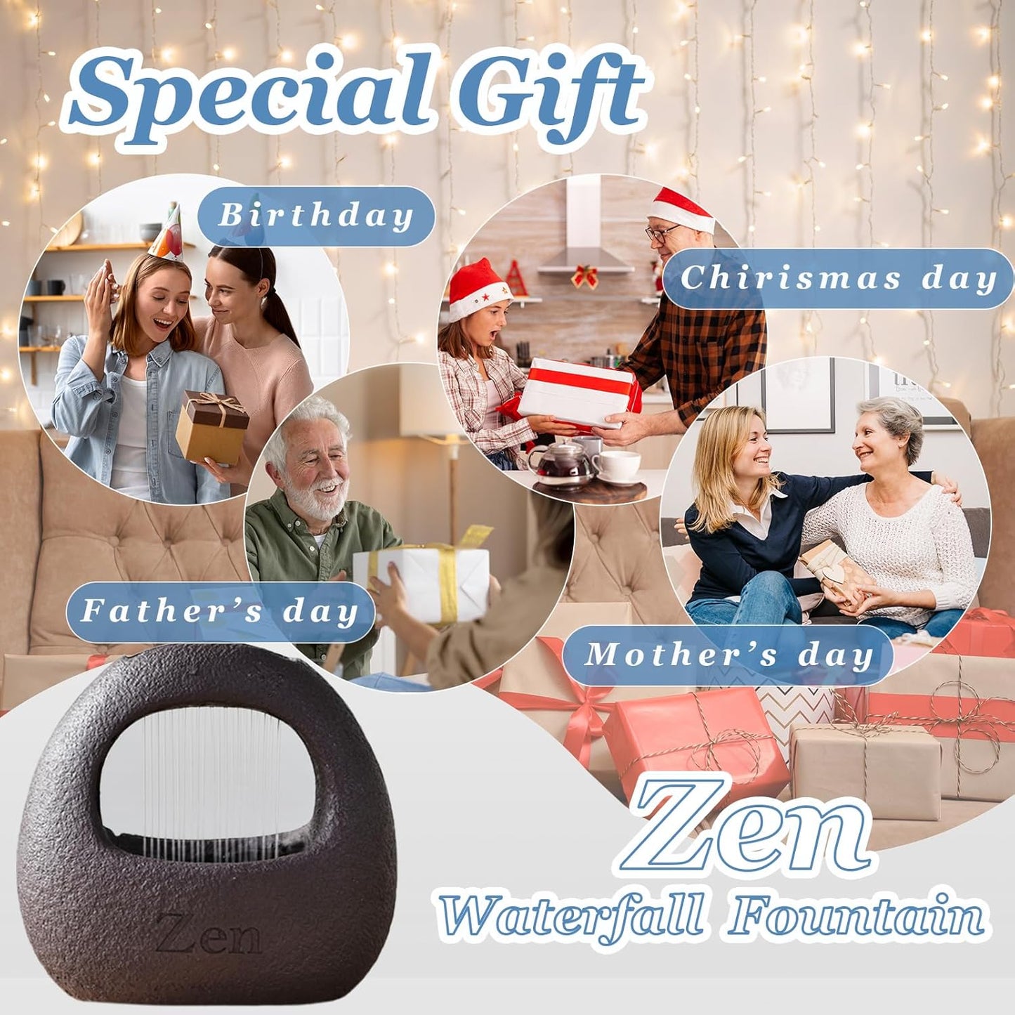 Zen Waterfall Fountain Indoor – Small Indoor Water Fountains with Relaxing Waterfall Feature, Decorative Water Fall Fountain for Home & Office