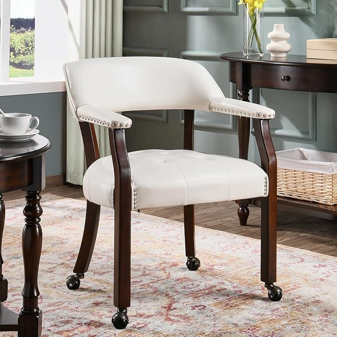 MODERION Modern White Solid Wood Boss Caption's Office Desk Chairs with Wheels and Arms, 31.5H for Living Room