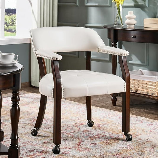 MODERION Modern White Solid Wood Boss Caption's Office Desk Chairs with Wheels and Arms, 31.5H for Living Room