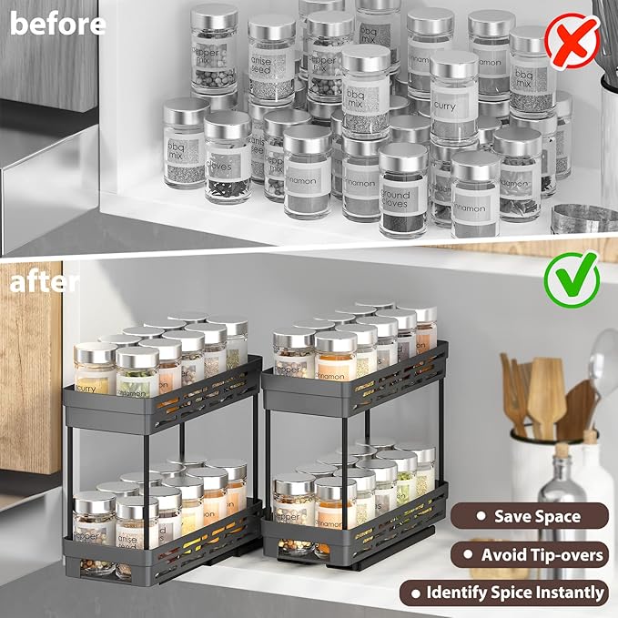 2 Pack Pull Out Spice Rack Organizer for Cabinet, 2Tier Slide Out Spice Racks Organizer, Spice Cabinet Organizers, Cabinet Size Need:12'' Highx11'' Deepx5'' Wide, Upgraded-Black