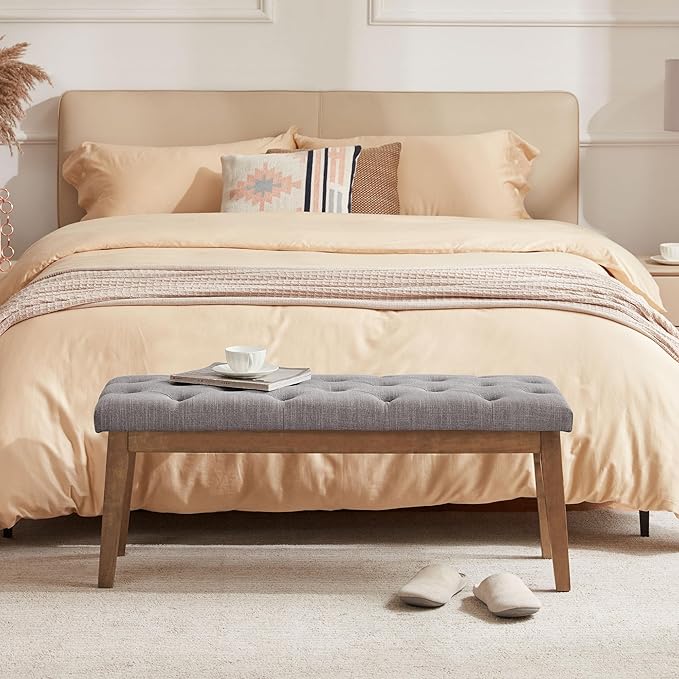 HUIMO Bedroom Bench End of Bed, Upholstered Dining Bench for Kitchen, Button-Tufted Entry Bench, Fabric Ottoman Bench for Living Room, Entryway,Grey, BEN2-4