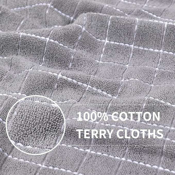 Homaxy 100% Cotton Terry Kitchen Towels(Light Grey, 13 x 28 inches), Checkered Designed, Soft and Super Absorbent Dish Towels, 12 Pack