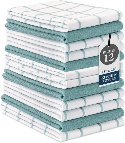 LANE LINEN Kitchen Towels and Dishcloths Set - Pack of 12 Cotton Dish Cloths, 18”x 28”, Soft Hand Towels, Absorbent Tea Towels, Premium Dish Towels, Quick Drying Cleaning Towels - Aqua Towels