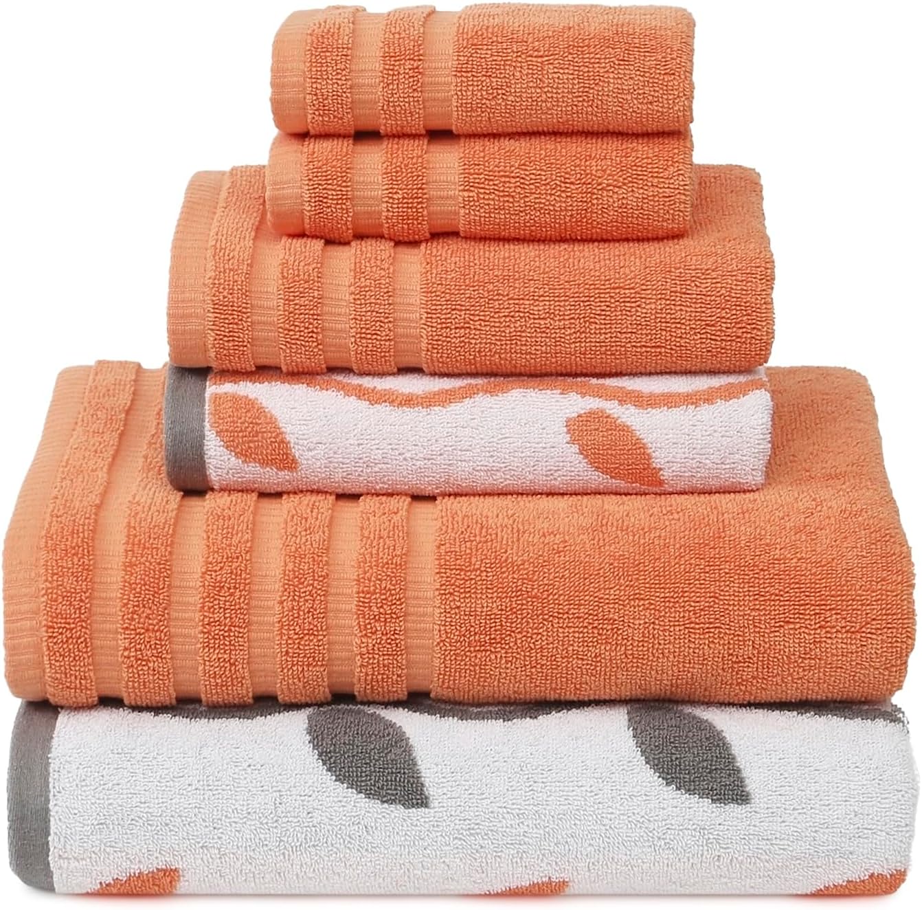 Modern Threads Organic Vines 6-Piece 100% Cotton Towel Set – Yarn Dyed Jacquard & Solid – Includes 2 Bath Towels, 2 Hand Towels, 2 Washcloths – Absorbent, Quick Dry, Soft & Durable – Orange