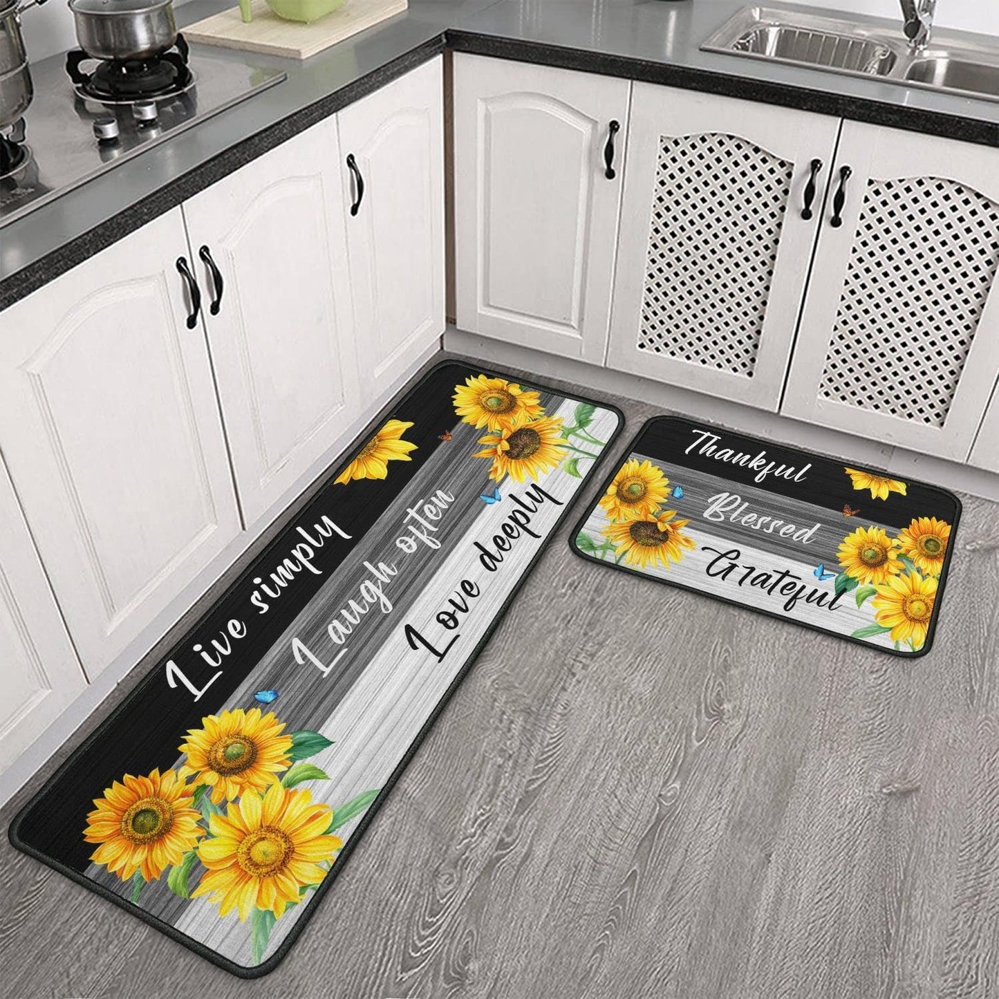 2 Piece Sunflower Kitchen Decor Rugs Set, Farmhouse Country Kitchen Rugs and Mats Non Skid Washable Absorbent Microfiber Kitchen Accessories Decoration Floor Mats 17"x47"+17"x30"