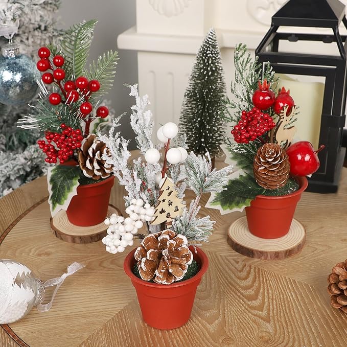 winemana Mini Christmas Tree Table Decorations, 6 Pcs Small Artificial Tree with Pine Cones & Red Berry, Holiday Tabletop Centerpiece for Home Kitchen Room Mantel Winter Party Decor