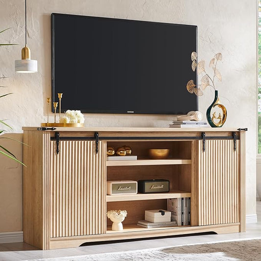 JXQTLINGMU Modern 66" TV Stand, Entertainment Center for TVs Up to 75", Media Console w/4 Drawers & Sliding Door, Luxury Fluted TV Stand w/Storage Shelves, Wood Television Stand for Living Room, Oak