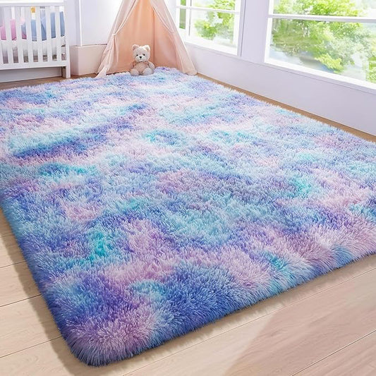 Ophanie Girls Room Rug Rainbow Purple Mermaid Rugs for Bedroom, Fluffy Soft Cute Fuzzy Area Rugs, Shag Plush Shaggy Bedside Floor 4x6 Furry Carpet for Kids Baby Teen Dorm Nursery Home Decor Aesthetic
