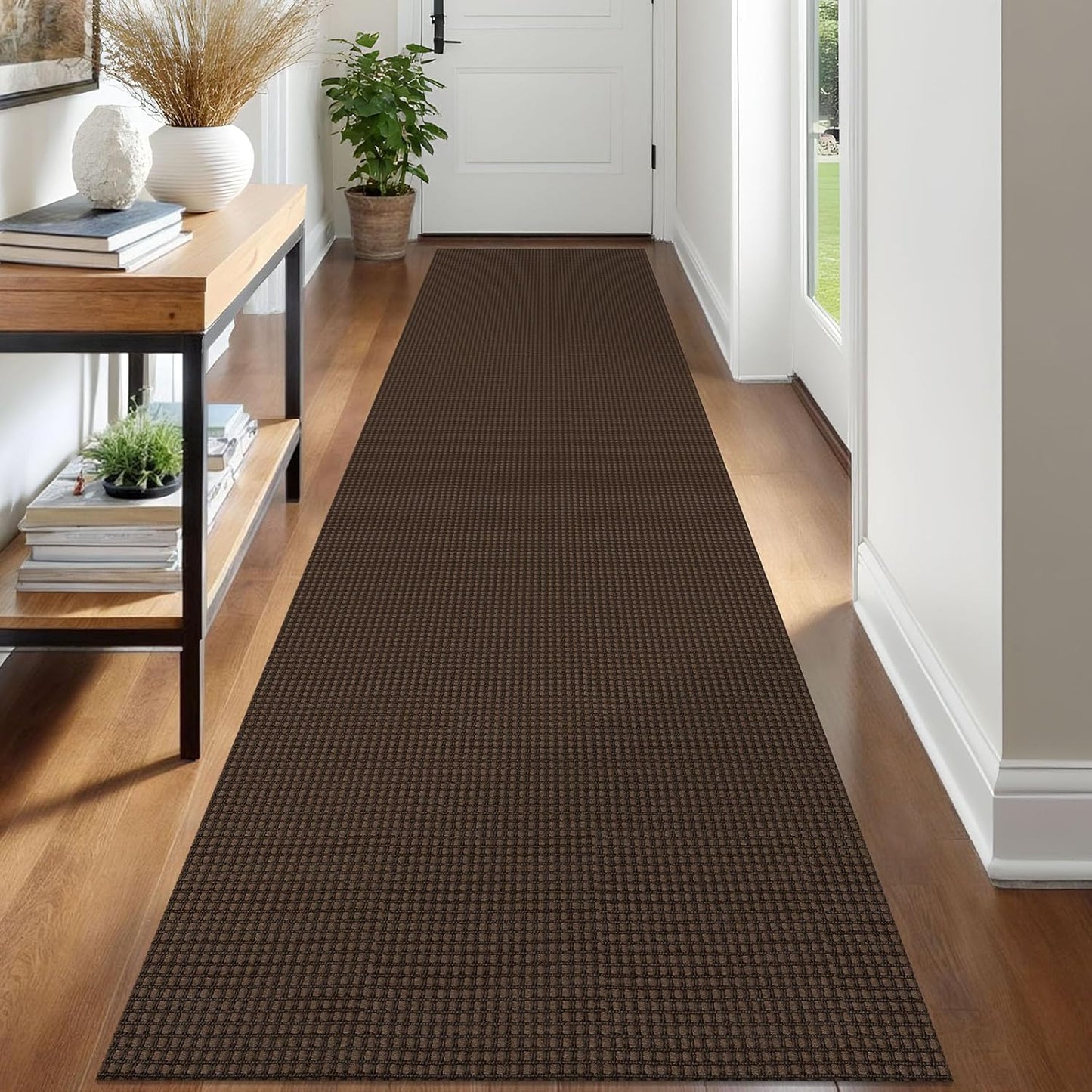 IOHOUZE Washable Runner Rug 2.6x12 Non Slip Rubber Backed Extra Long Hallway Runner Entryway Runner Indoor, Kitchen Rugs Woven Cotton Floor Carpet for Hall Entrance Stair, Brown