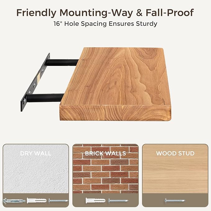 55 Inch Wood Floating Shelves, Natural Elm Wood Floating Shelf for Wall, 8 Inch Deep Wall Shelves for Home Storage & Display, Deep Rustic Wooden Shelves for Living Room, Bedroom, Kitchen