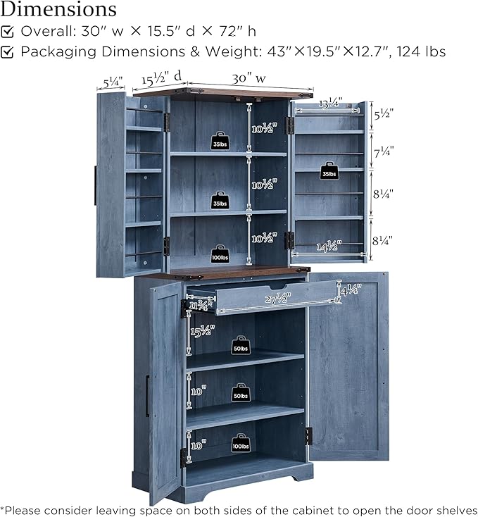 72" Tall Kitchen Pantry, Farmhouse Storage Cabinet with Barn Doors, Organizer, Drawer and Adjustable Shelves, Rustic Wood Cupboard for Kitchen, Dining Room, Bathroom and Hallway, Rustic Blue