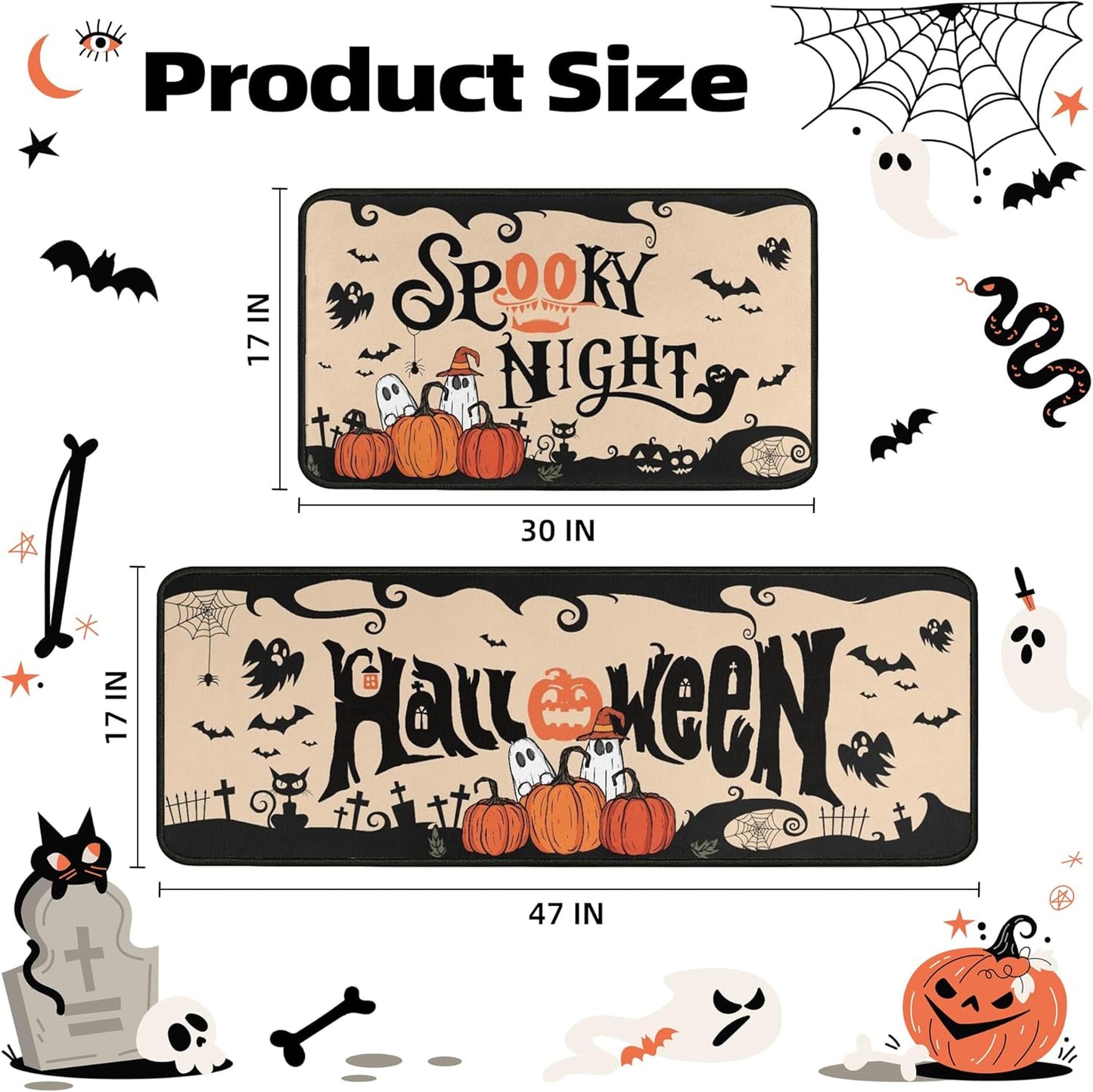 2 Piece Halloween Kitchen Decor Rugs Set,Cute Ghost Kitchen Rugs and Mats Non Skid Washable Absorbent Kitchen Accessories Decoration Floor Mats 17"x47"+17"x30"