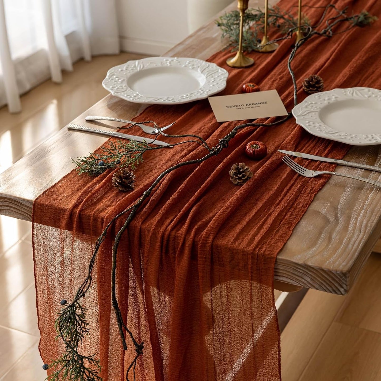Keketo Fall Table Runner Terracotta Rust Gauze 120 Inch 10 FT Rustic Burnt Orange Cheese Cloth for Wedding Baby Bridal Shower Party Centerpiece Sheer Thanksgiving Decor Fall Decorations for Home