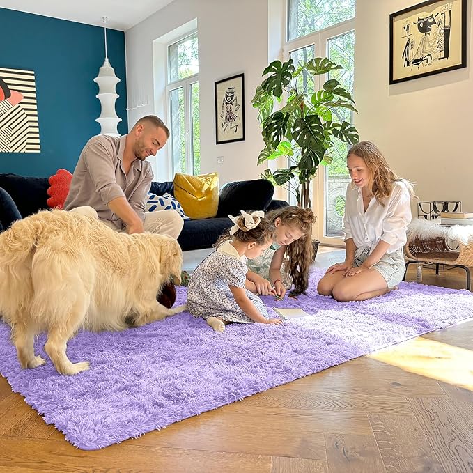 OLANLY Area Rugs for Living Room, Machine Washable 4x5.9 ft Soft Fluffy Shaggy Bedside Rug, Indoor Floor Carpet for Kids Girls and Boys, Dorms, Nursery Rooms, Home Decor Aesthetic, Light Purple