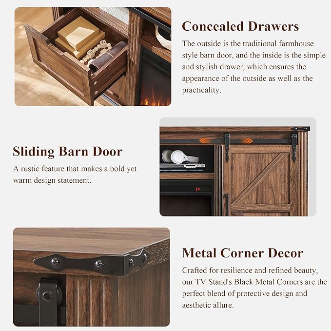 JXQTLINGMU Farmhouse Fireplace TV Stand for 80 Inch TV, 32" Tall Entertainment Center w/Drawer & Sliding Barn Door, 70 Inch Highboy Media Console for Living Room, Brown