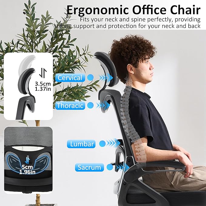 Fizzin Ergonomic Office Chair,Ergonomic Desk Chair with Headrest Mesh Computer Chair with High Back Adjustable Lumbar Support, Rolling Swivel Chairs with Wheel Armrests for Home Office,Black