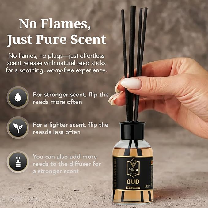 Oud Diffuser Set with Sticks - Reed Diffuser for Bathroom, Bedroom, Office, Living Room - Woody Aromatics for Home Aromatherapy - Luxury Fragrance Sticks Diffuser Set - 3.72 fl oz
