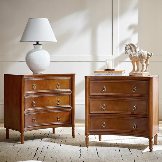 HULALA HOME 3 Drawer Nightstands Set of 2 with Charging Station, 26" Wide Nightstands with Solid Wood Legs and Curved Profile, Classic Bedside Tables for Living Room Bedroom, Walnut