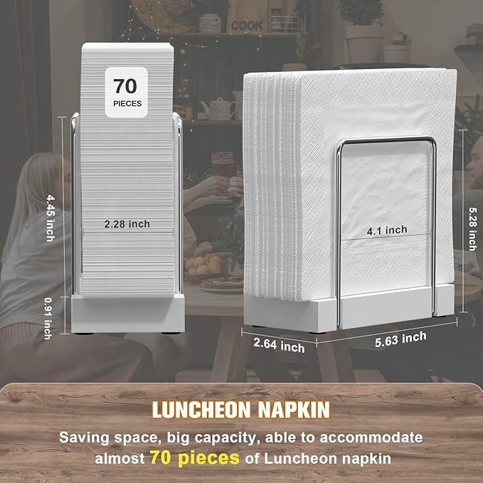 Napkin Holder for Table, Bamboo Iron Standing Napkin Dispenser for Kitchen Dining Table Farmhouse Cocktail Picnic Rustic Wood Holders for Mail Bills Suitable for All Dining Room Decors Silvery & White
