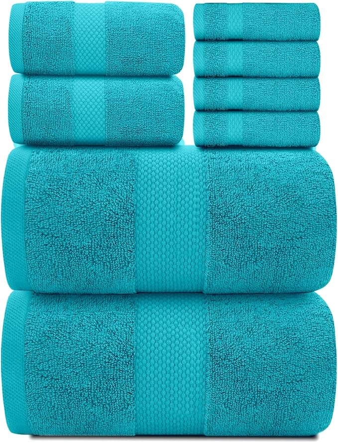 White Classic Luxury Bath Towel Set of 8 Pieces - 100% Turkish Cotton Highly Absorbent Towels for Bathroom, 2 Luxury Bath Towels 700GSM, 2 Hand Towels, 4 Washcloths, Aqua