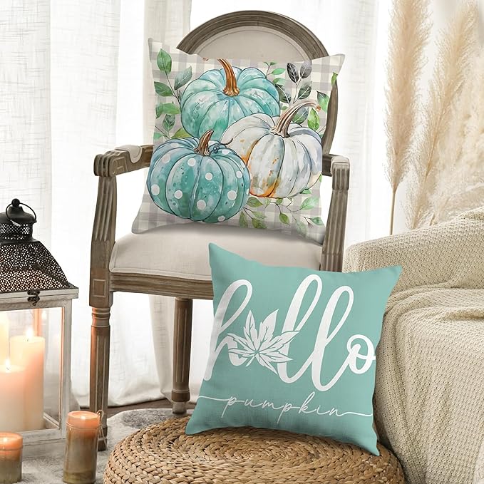 JioJio Chan Fall Pillow Covers 18x18, Set of 4 Thanksgiving Pumpkin Throw Pillows Covers for Sofa Couch, Fall Plaid Farmhouse Decoration for Living Room Bedroom Indoor Outdoor Home Autumn Decor