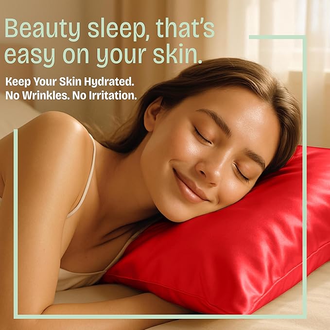 Satin Pillowcase with Zipper, for Hair and Skin Care, Feels Soft and Cool Like a Silk Pillowcase, Red Satin Pillow Cases Set of 2, Slik Pillow Cover, Standard Size - 2 Pack