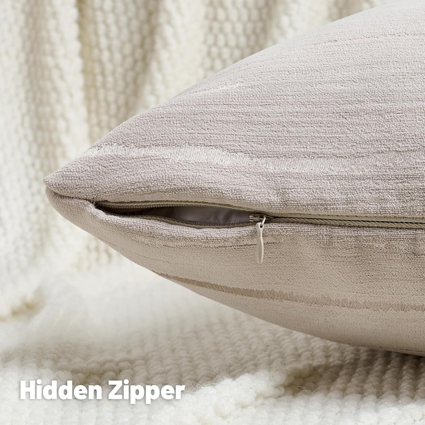 FUTEI Beige Chenille Decorative Throw Pillow Covers 26x26 Inch Set of 2,Soft Embossed Striped Textured Euro Pillow Shams,Modern Home Decor for Couch Bed Living Room